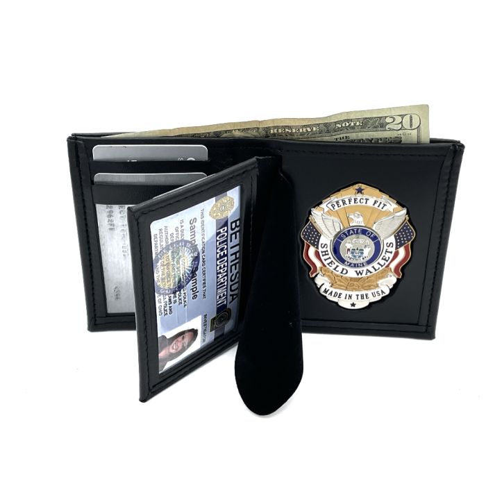Wallet showing badge, credit cards, and ID.